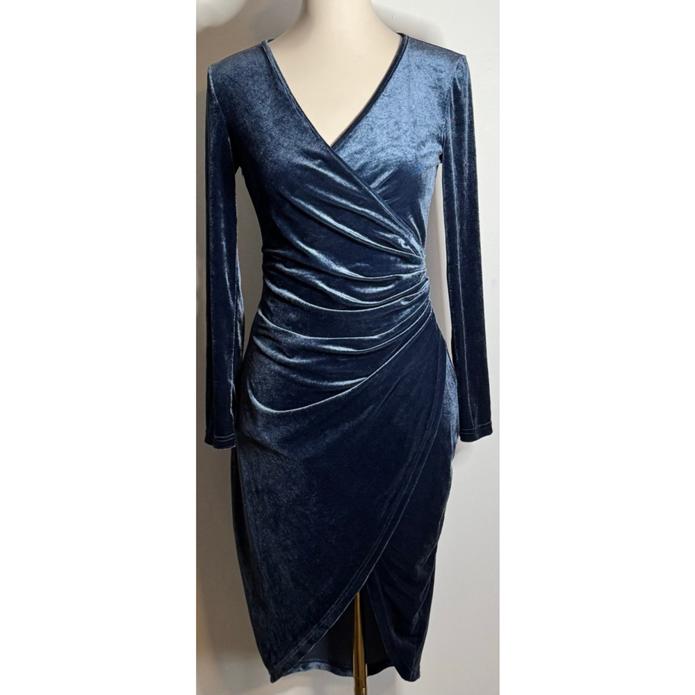 Women's HUHOT Blue Velvet Long Sleeve Wrap Dress S